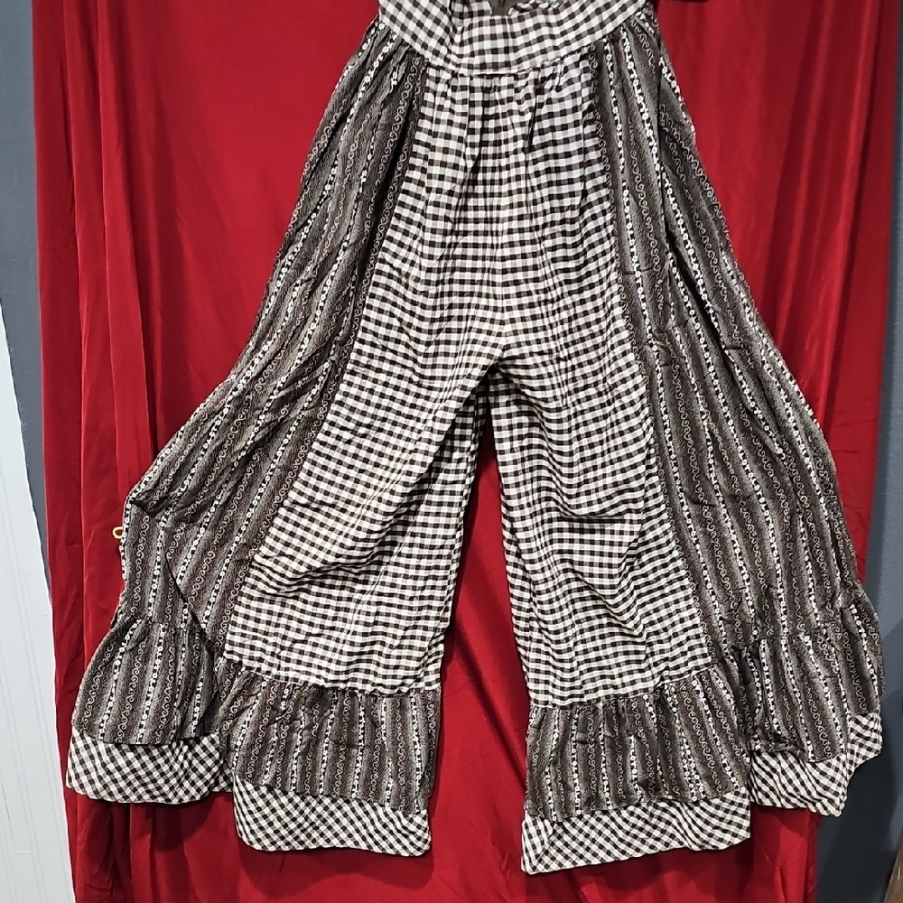 Boho Wide-Leg Gingham & Stripe Gaucho Pants Brown & White